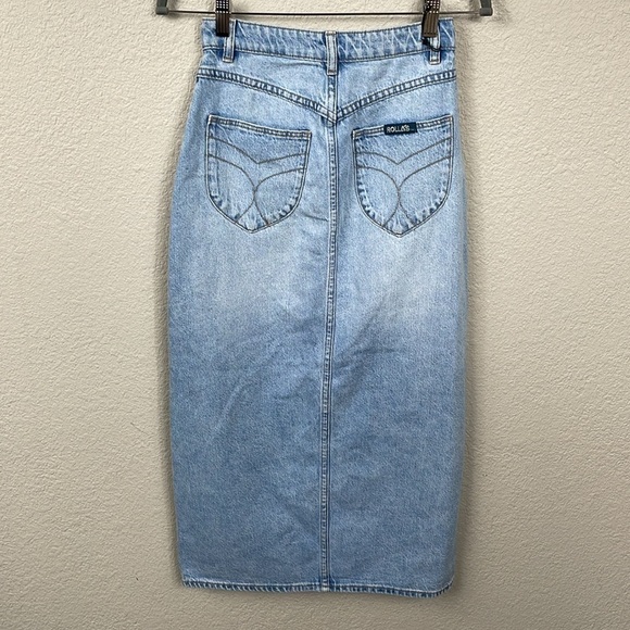New Rollas Sailor Skirt Mid Vintage Blue Pencil Midi Button Front Slit Denim 24 - Picture 6 of 13
